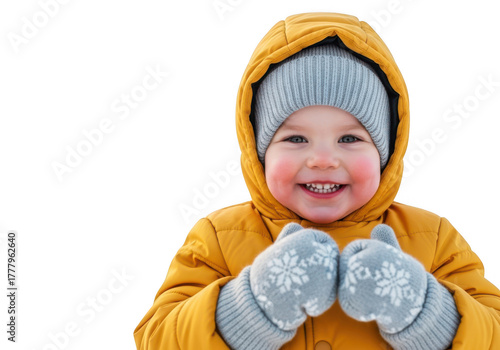 Happy toddler in yellow winter jacket and grey hat isolated on transparent background
