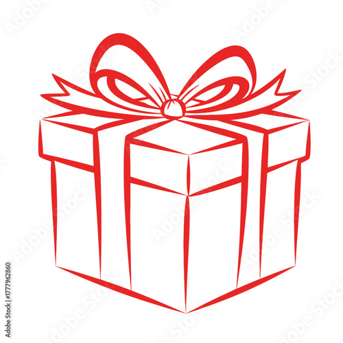 Red line-art Christmas gift box, vector illustration. Wide strokes, outline style. Decoration for Xmas and New Year, seasonal print. Presents for friends and family