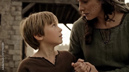 Woman and boy in medieval attire hold hands at castle gate as knights on horseback approach distant fortress. Historical family moment in ancient setting. Pseudo-documentary footage of dramatic