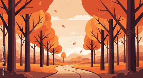 Flat vector wallpaper of an autumn hiking path surrounded by tall orange trees with falling leaves, peaceful seasonal forest atmosphere