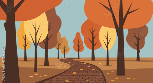 Flat vector wallpaper of an autumn hiking path surrounded by tall orange trees with falling leaves, peaceful seasonal forest atmosphere