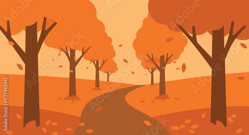 Flat vector wallpaper of an autumn hiking path surrounded by tall orange trees with falling leaves, peaceful seasonal forest atmosphere