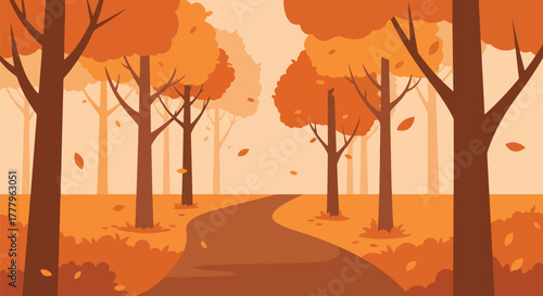 Flat vector wallpaper of an autumn hiking path surrounded by tall orange trees with falling leaves, peaceful seasonal forest atmosphere
