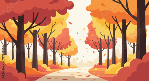 Flat vector wallpaper of an autumn hiking path surrounded by tall orange trees with falling leaves, peaceful seasonal forest atmosphere