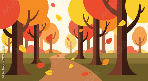 Flat vector wallpaper of an autumn hiking path surrounded by tall orange trees with falling leaves, peaceful seasonal forest atmosphere