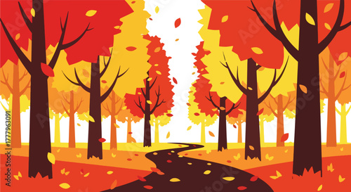 Flat vector wallpaper of an autumn hiking path surrounded by tall orange trees with falling leaves, peaceful seasonal forest atmosphere