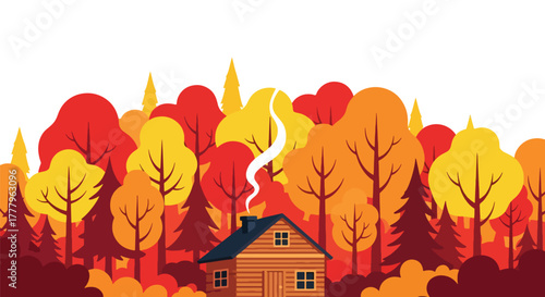Flat vector of a cozy cabin surrounded by maple trees with golden leaves and chimney smoke, warm fall atmosphere