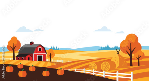 Flat vector wallpaper of pumpkin fields and barn during harvest season with hay bales and fall trees, warm autumn palette
