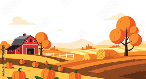 Flat vector wallpaper of pumpkin fields and barn during harvest season with hay bales and fall trees, warm autumn palette