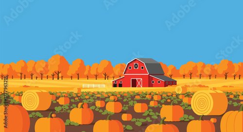 Flat vector wallpaper of pumpkin fields and barn during harvest season with hay bales and fall trees, warm autumn palette