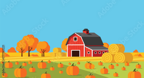 Flat vector wallpaper of pumpkin fields and barn during harvest season with hay bales and fall trees, warm autumn palette