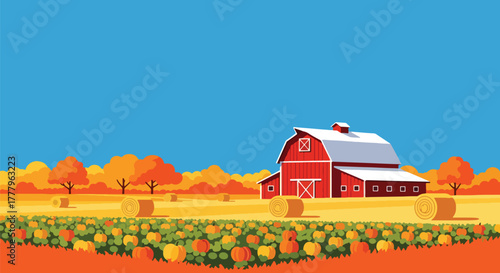 Flat vector wallpaper of pumpkin fields and barn during harvest season with hay bales and fall trees, warm autumn palette