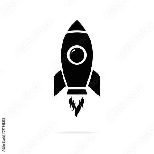 Rocket icon, launching into space with flames igniting from the engine during in a minimalistic style.  Vector illustration