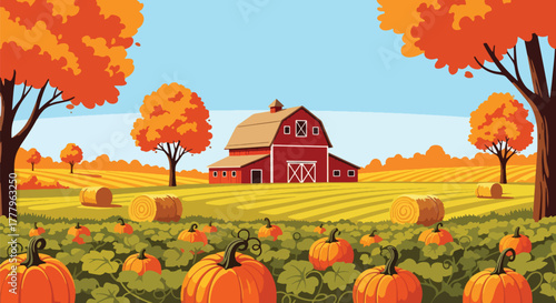 Flat vector wallpaper of pumpkin fields and barn during harvest season with hay bales and fall trees, warm autumn palette