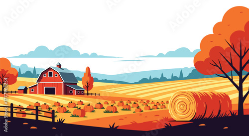 Flat vector wallpaper of pumpkin fields and barn during harvest season with hay bales and fall trees, warm autumn palette