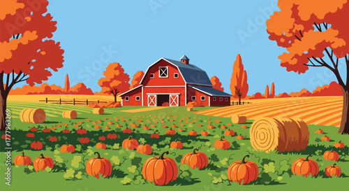 Flat vector wallpaper of pumpkin fields and barn during harvest season with hay bales and fall trees, warm autumn palette