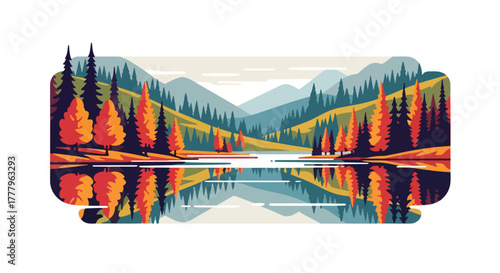 Flat vector of calm lake reflecting orange autumn trees and open sky, peaceful minimalist wallpaper