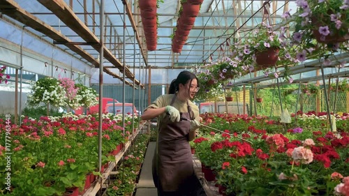 Asian woman working in greenhouse watering flowers.