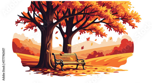 Flat vector wallpaper of park bench under fall trees with swirling leaves, peaceful autumn mood