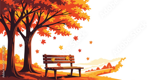 Flat vector wallpaper of park bench under fall trees with swirling leaves, peaceful autumn mood