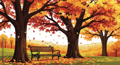 Flat vector wallpaper of park bench under fall trees with swirling leaves, peaceful autumn mood