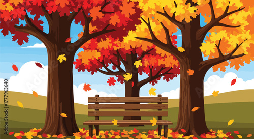 Flat vector wallpaper of park bench under fall trees with swirling leaves, peaceful autumn mood