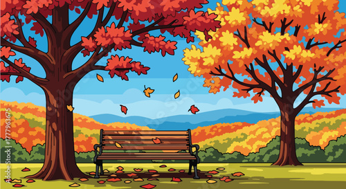 Flat vector wallpaper of park bench under fall trees with swirling leaves, peaceful autumn mood