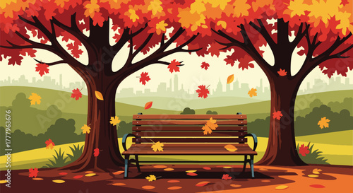 Flat vector wallpaper of park bench under fall trees with swirling leaves, peaceful autumn mood