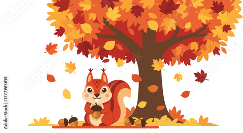 Flat wallpaper of cute squirrel collecting acorns under yellow-orange fall trees, playful autumn theme