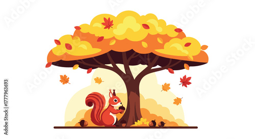 Flat wallpaper of cute squirrel collecting acorns under yellow-orange fall trees, playful autumn theme