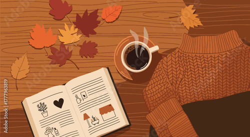 Flat overhead wallpaper of coffee mug, book, and sweater with leaves scattered, cozy fall atmosphere