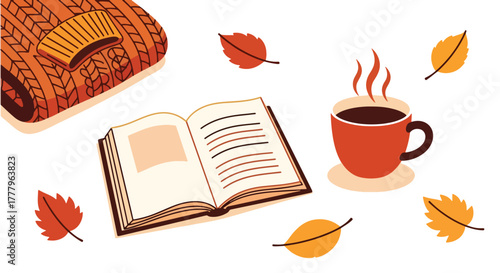 Flat overhead wallpaper of coffee mug, book, and sweater with leaves scattered, cozy fall atmosphere