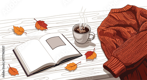 Flat overhead wallpaper of coffee mug, book, and sweater with leaves scattered, cozy fall atmosphere