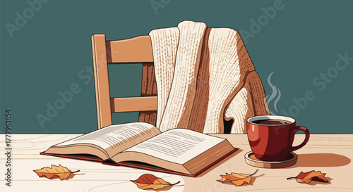 Flat overhead wallpaper of coffee mug, book, and sweater with leaves scattered, cozy fall atmosphere