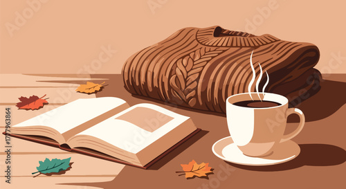 Flat overhead wallpaper of coffee mug, book, and sweater with leaves scattered, cozy fall atmosphere