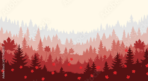 Flat vector wallpaper of layered mountain ranges covered with autumn trees, depth using solid tone layers