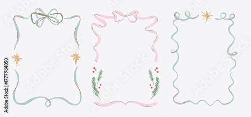 Set of Christmas frames made of pastel ribbons with bows, stars, pine branches, and berries isolated on light background. Hand drawn vector illustration. Christmas and winter holiday concept