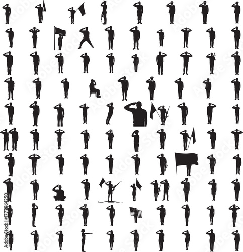 Silhouette of a person saluting isolated on white background