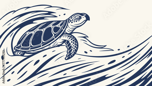 A stylized illustration of a sea turtle swimming through ocean waves in a monochromatic color scheme design