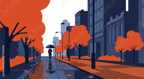 Flat wallpaper of rainy street with person holding umbrella, leaves scattered on wet pavement