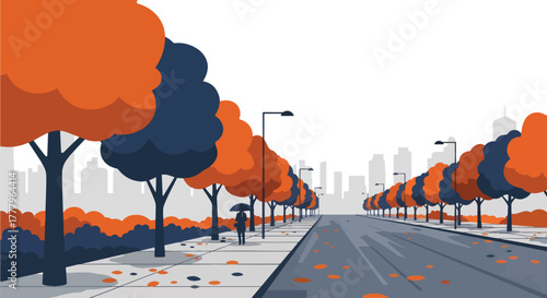 Flat wallpaper of rainy street with person holding umbrella, leaves scattered on wet pavement