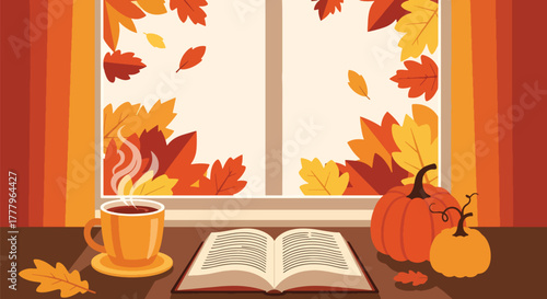 Flat wallpaper of tea mug and open book by window showing falling leaves outside, warm cozy autumn moment