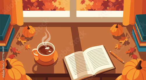 Flat wallpaper of tea mug and open book by window showing falling leaves outside, warm cozy autumn moment
