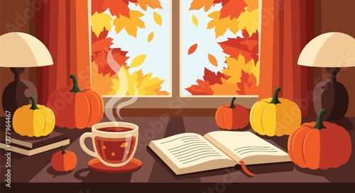Flat wallpaper of tea mug and open book by window showing falling leaves outside, warm cozy autumn moment