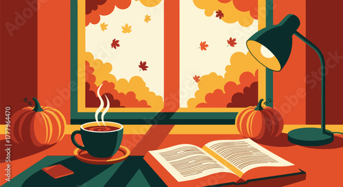 Flat wallpaper of tea mug and open book by window showing falling leaves outside, warm cozy autumn moment