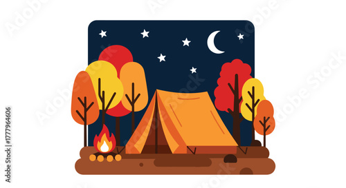 Flat vector of tent and campfire beneath autumn trees under starry sky, warm and peaceful fall night