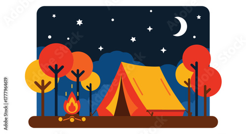 Flat vector of tent and campfire beneath autumn trees under starry sky, warm and peaceful fall night