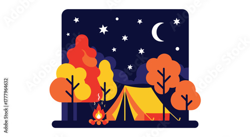 Flat vector of tent and campfire beneath autumn trees under starry sky, warm and peaceful fall night