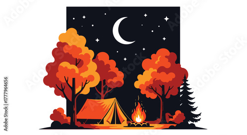 Flat vector of tent and campfire beneath autumn trees under starry sky, warm and peaceful fall night