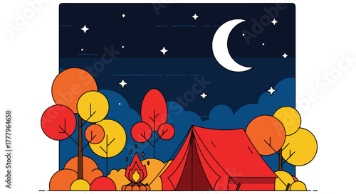 Flat vector of tent and campfire beneath autumn trees under starry sky, warm and peaceful fall night